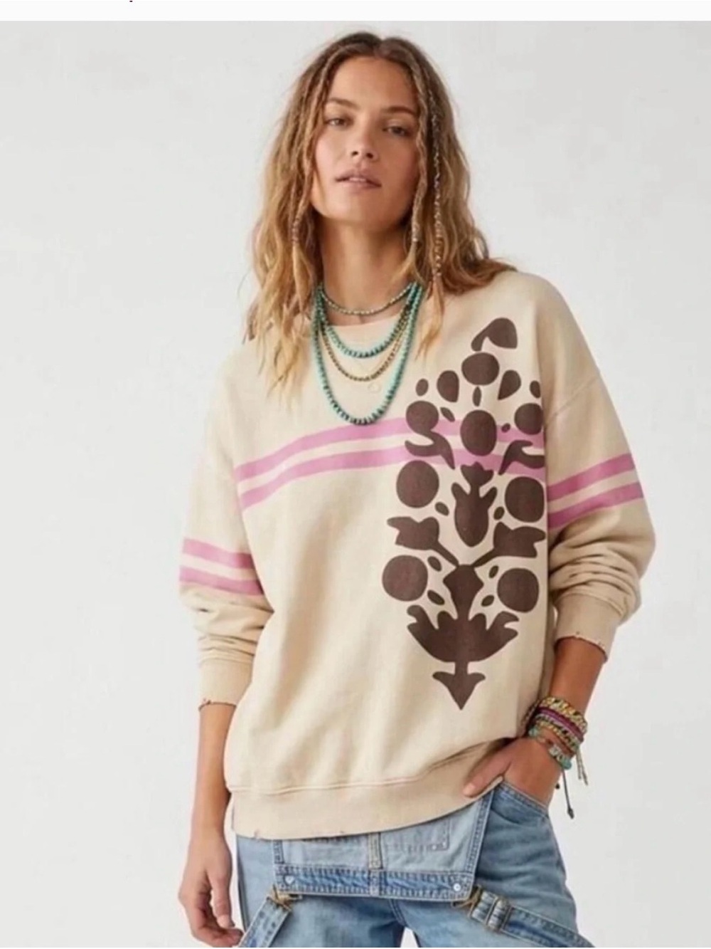 Free People Cream Crewneck Sweatshirt with Brown Floral and Pink Stripes